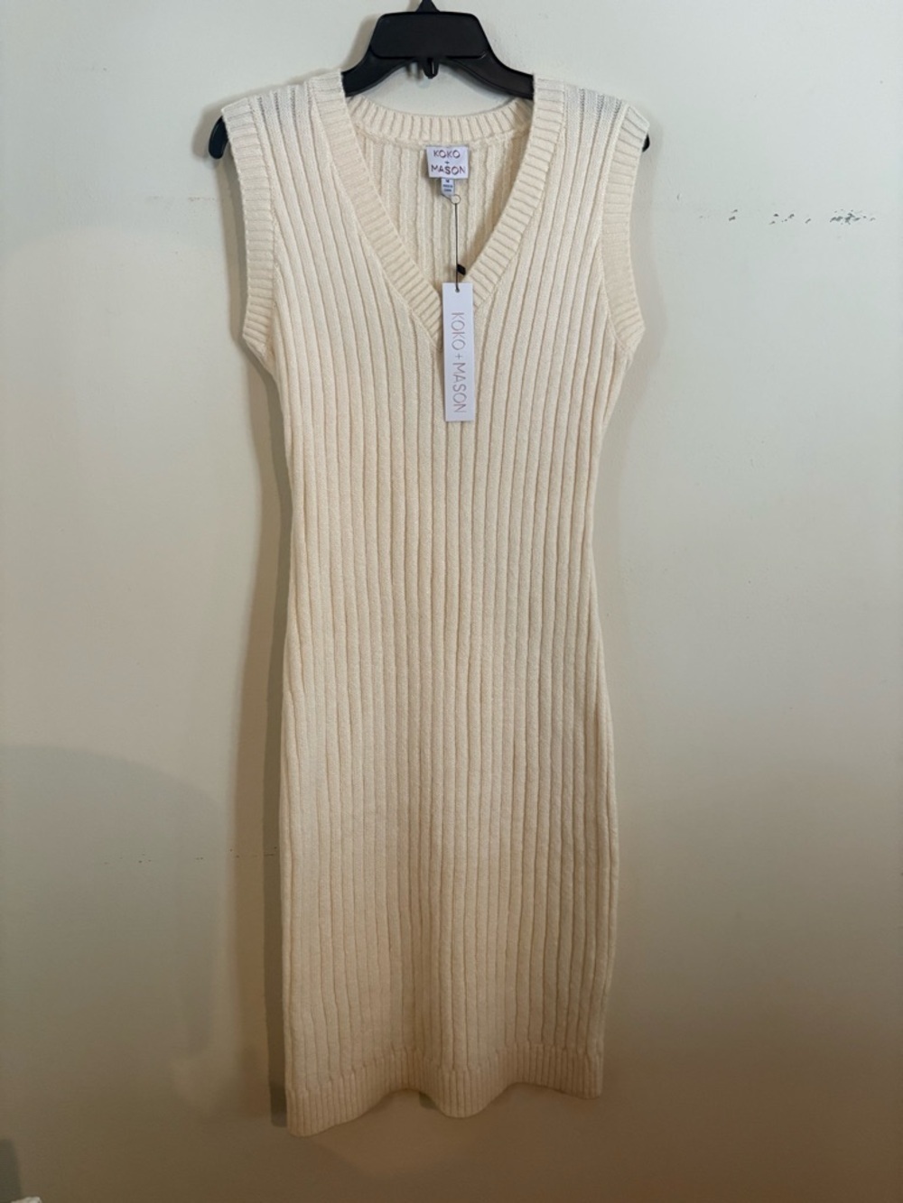 NWT Koko + Mason Cream Ribbed V-Neck Midi Sleeveless Sweater Dress - Picture 2 of 7